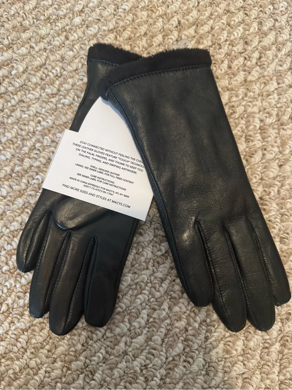 Charter Club Black Leather Gloves with Fur Trim and Touchscreen Tips
